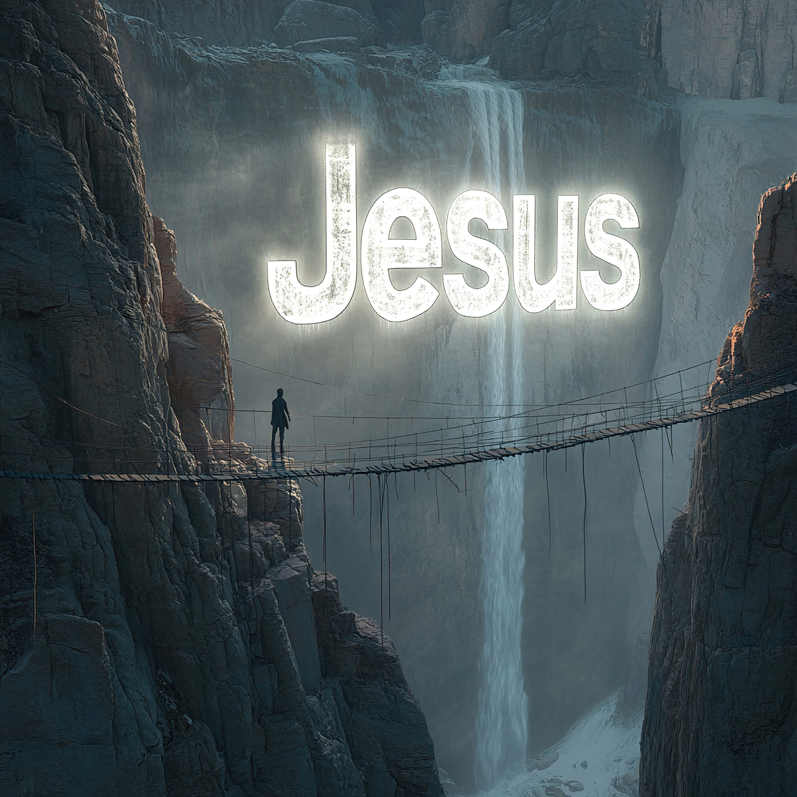 person stands and looking on the edge of an abyss with bridge made from large letters Jesus